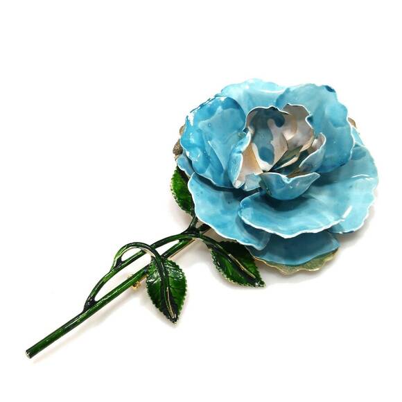 Vintage Enamel Large Flower Brooch, Turquoise Blue Green Gold, 1960s,  5" - Picture 8 of 10